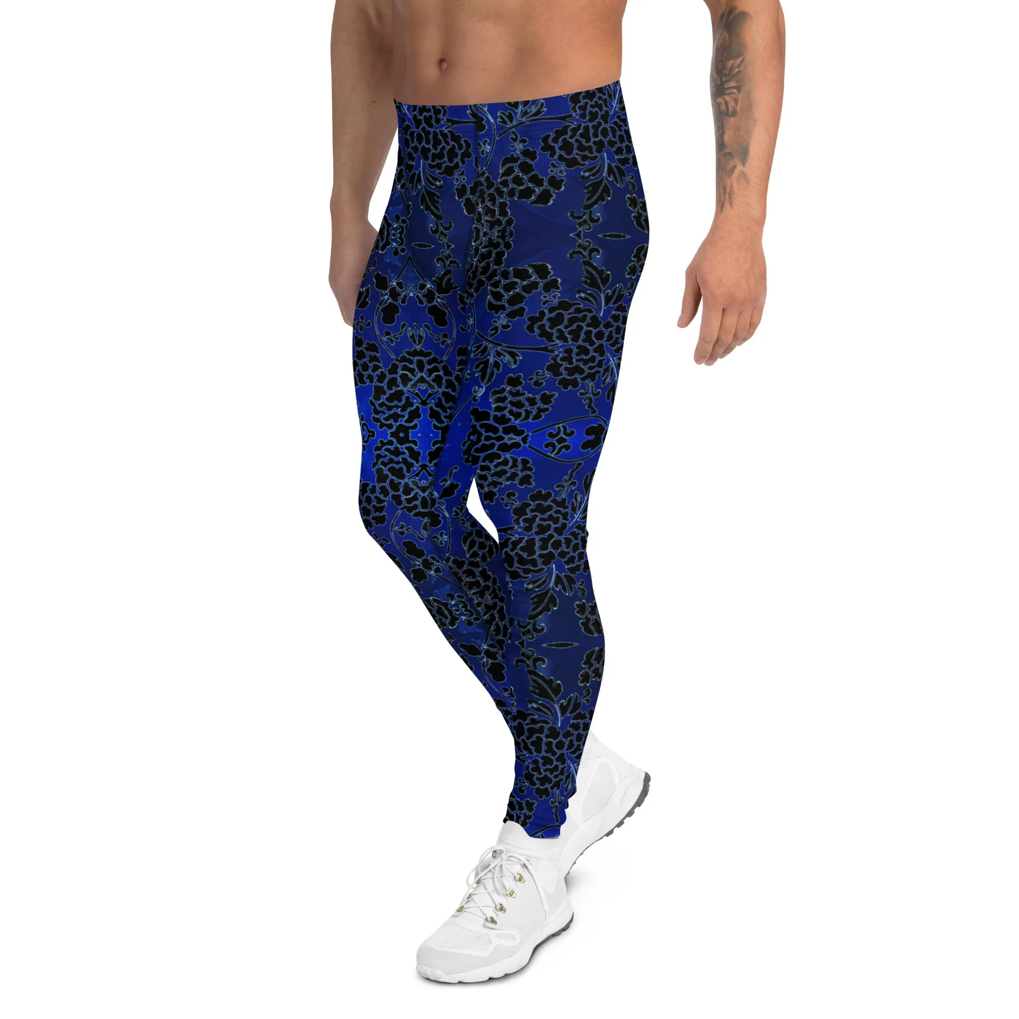 Black Blue Floral Men's Leggings, Best Blue and Black Oriental Style Floral Print Meggings Compression Tights - Made in USA/EU/MX