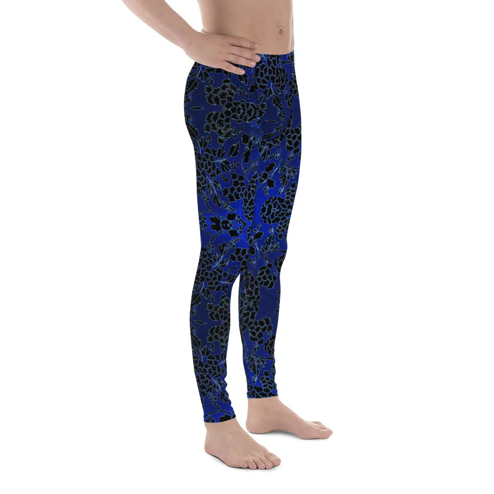 Black Blue Floral Men's Leggings, Best Blue and Black Oriental Style Floral Print Meggings Compression Tights - Made in USA/EU/MX