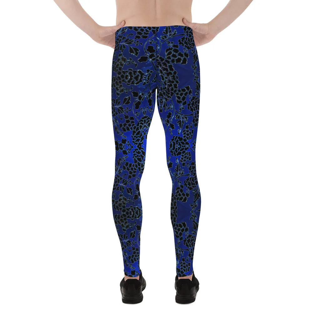 Black Blue Floral Men's Leggings, Best Blue and Black Oriental Style Floral Print Meggings Compression Tights - Made in USA/EU/MX