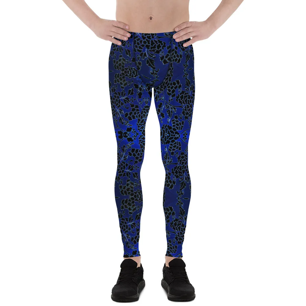 Black Blue Floral Men's Leggings, Best Blue and Black Oriental Style Floral Print Meggings Compression Tights - Made in USA/EU/MX