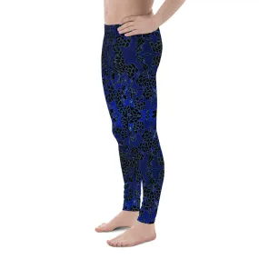 Black Blue Floral Men's Leggings, Best Blue and Black Oriental Style Floral Print Meggings Compression Tights - Made in USA/EU/MX