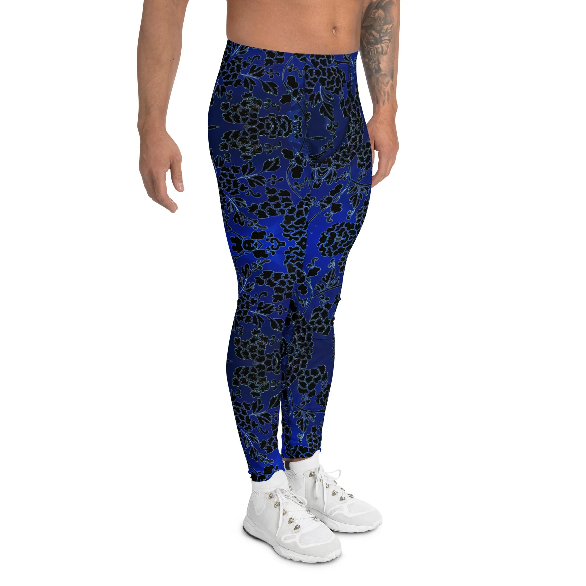 Black Blue Floral Men's Leggings, Best Blue and Black Oriental Style Floral Print Meggings Compression Tights - Made in USA/EU/MX