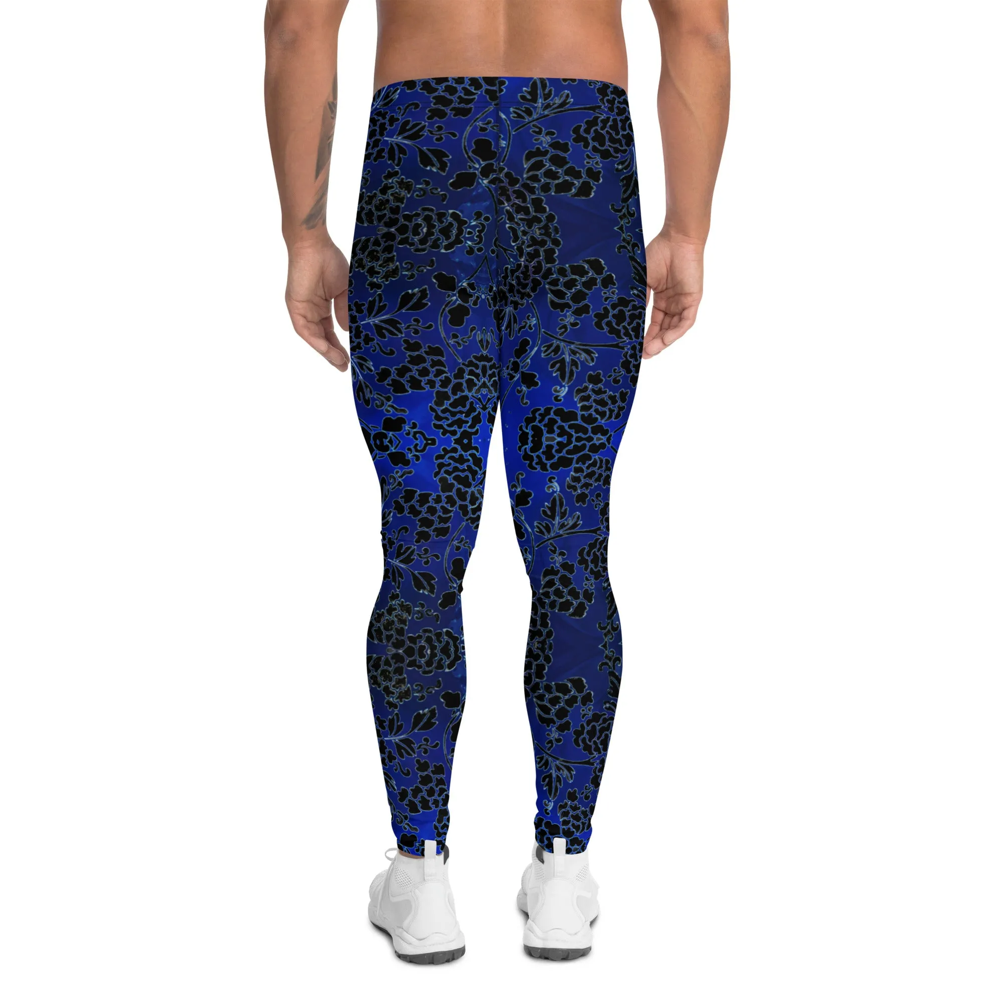 Black Blue Floral Men's Leggings, Best Blue and Black Oriental Style Floral Print Meggings Compression Tights - Made in USA/EU/MX