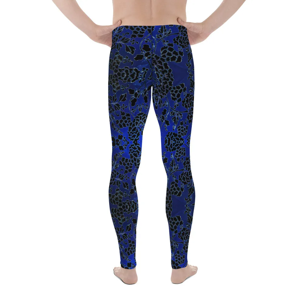 Black Blue Floral Men's Leggings, Best Blue and Black Oriental Style Floral Print Meggings Compression Tights - Made in USA/EU/MX