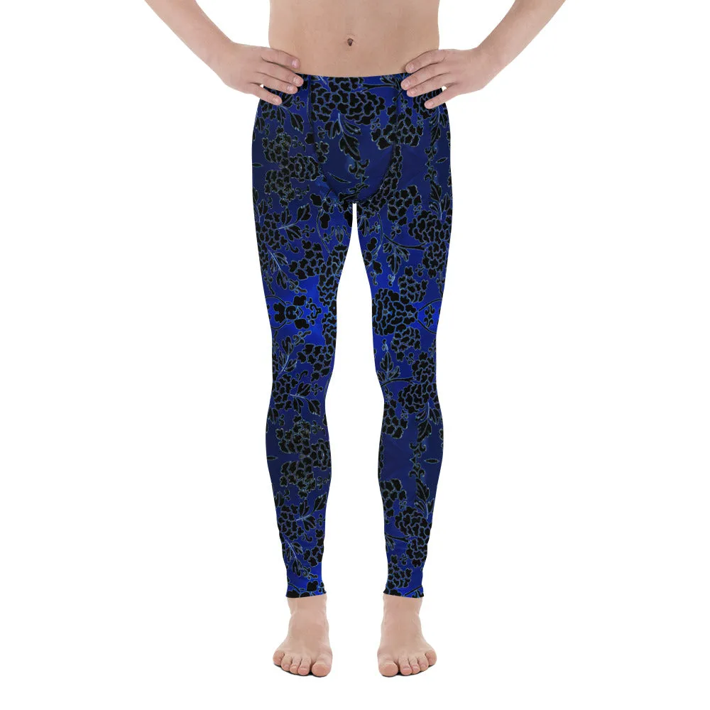 Black Blue Floral Men's Leggings, Best Blue and Black Oriental Style Floral Print Meggings Compression Tights - Made in USA/EU/MX