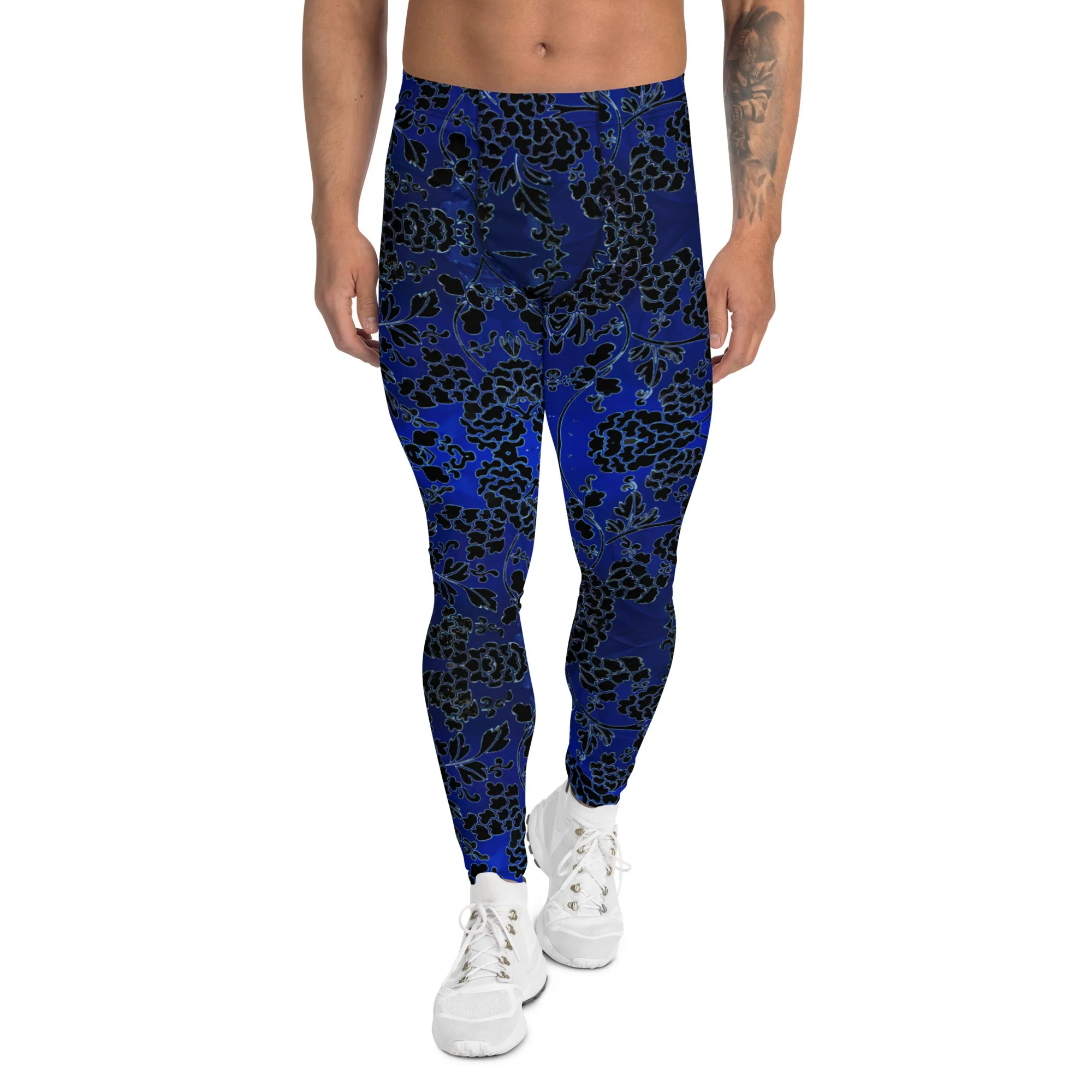 Black Blue Floral Men's Leggings, Best Blue and Black Oriental Style Floral Print Meggings Compression Tights - Made in USA/EU/MX