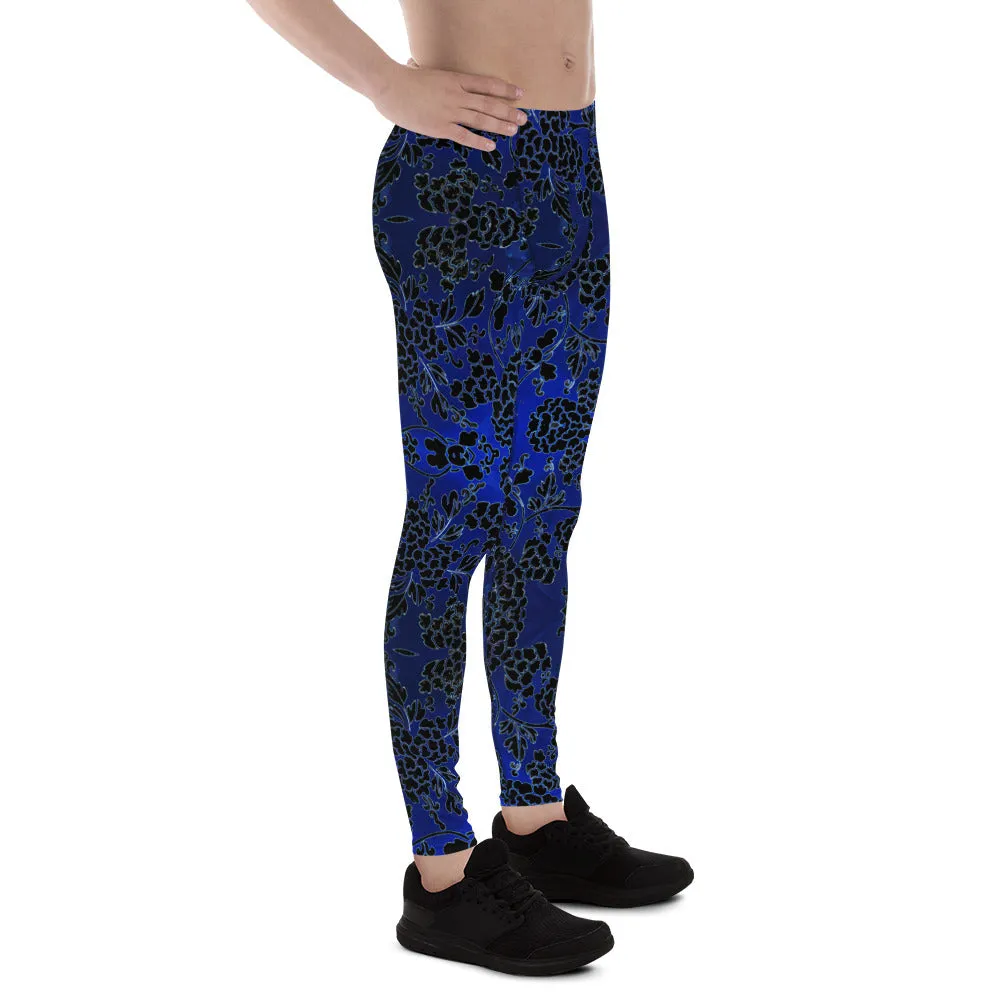 Black Blue Floral Men's Leggings, Best Blue and Black Oriental Style Floral Print Meggings Compression Tights - Made in USA/EU/MX