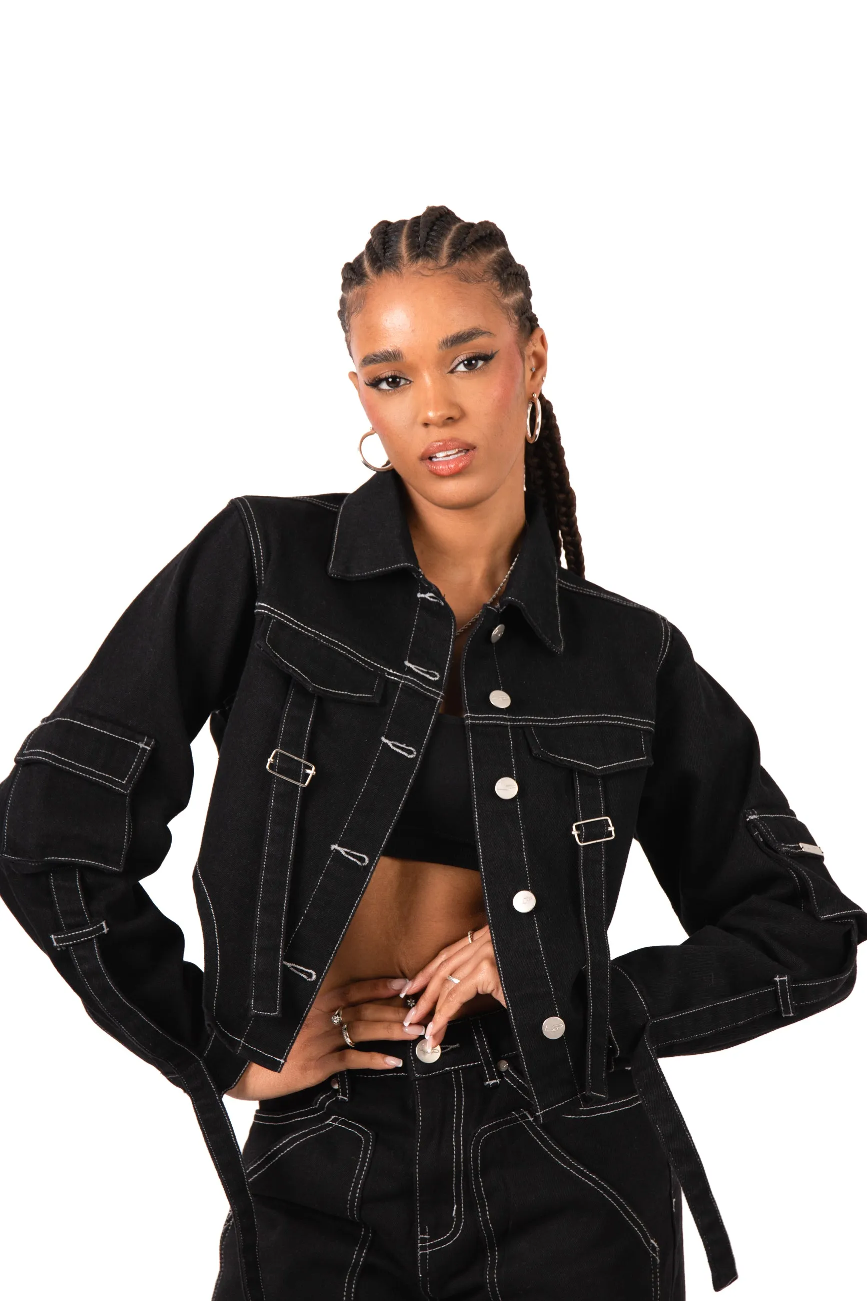 Black Contrast Stitch & Utility Pocket Cropped Denim Jacket