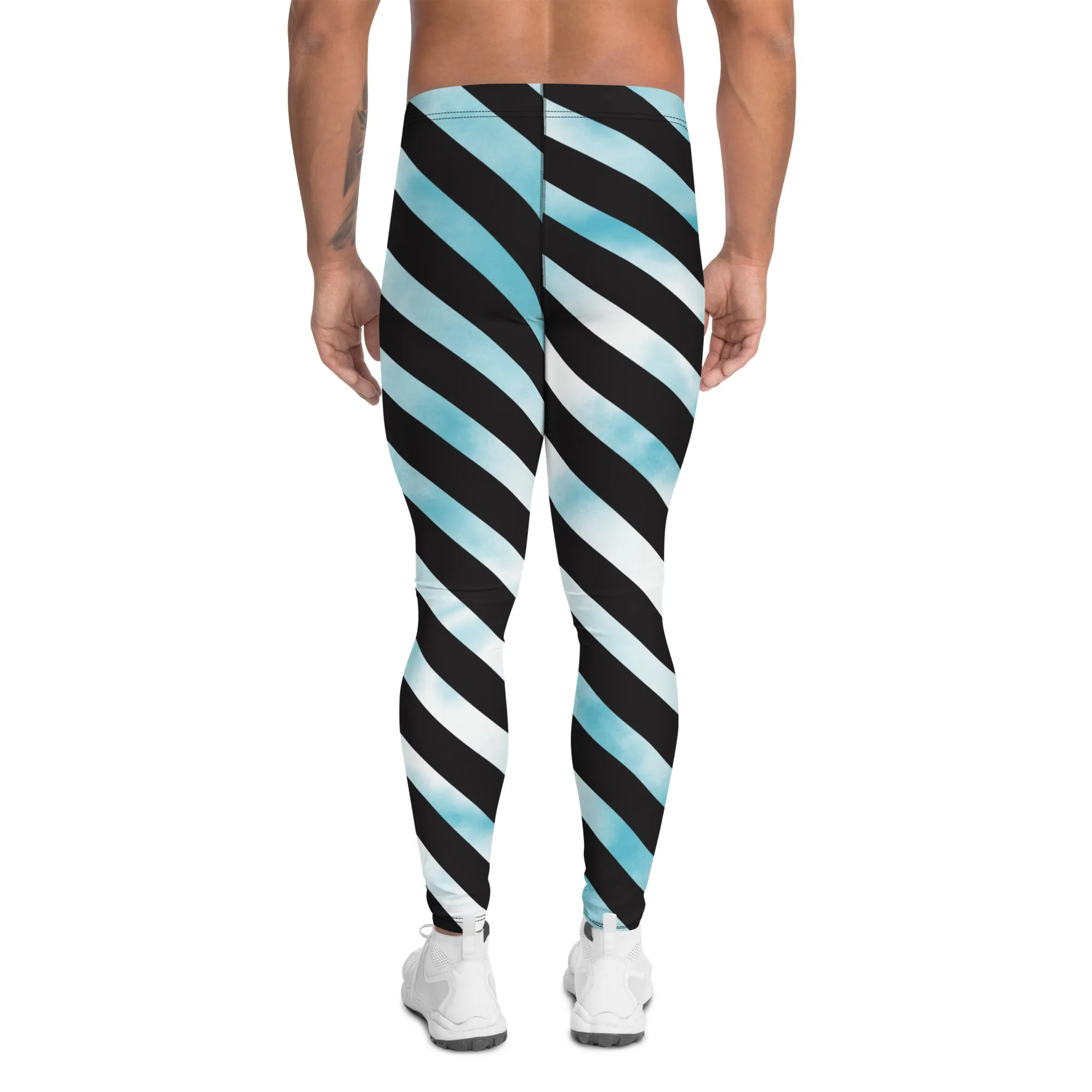 Black Diagonal Striped Meggings, Black White Abstract Tie Dye Designer Running Compression Tights For Men - Made in USA/EU/MX