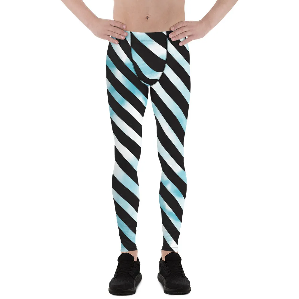 Black Diagonal Striped Meggings, Black White Abstract Tie Dye Designer Running Compression Tights For Men - Made in USA/EU/MX