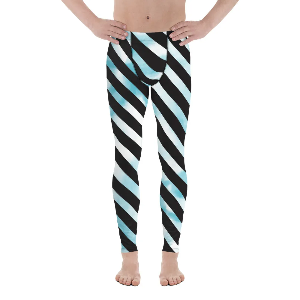 Black Diagonal Striped Meggings, Black White Abstract Tie Dye Designer Running Compression Tights For Men - Made in USA/EU/MX