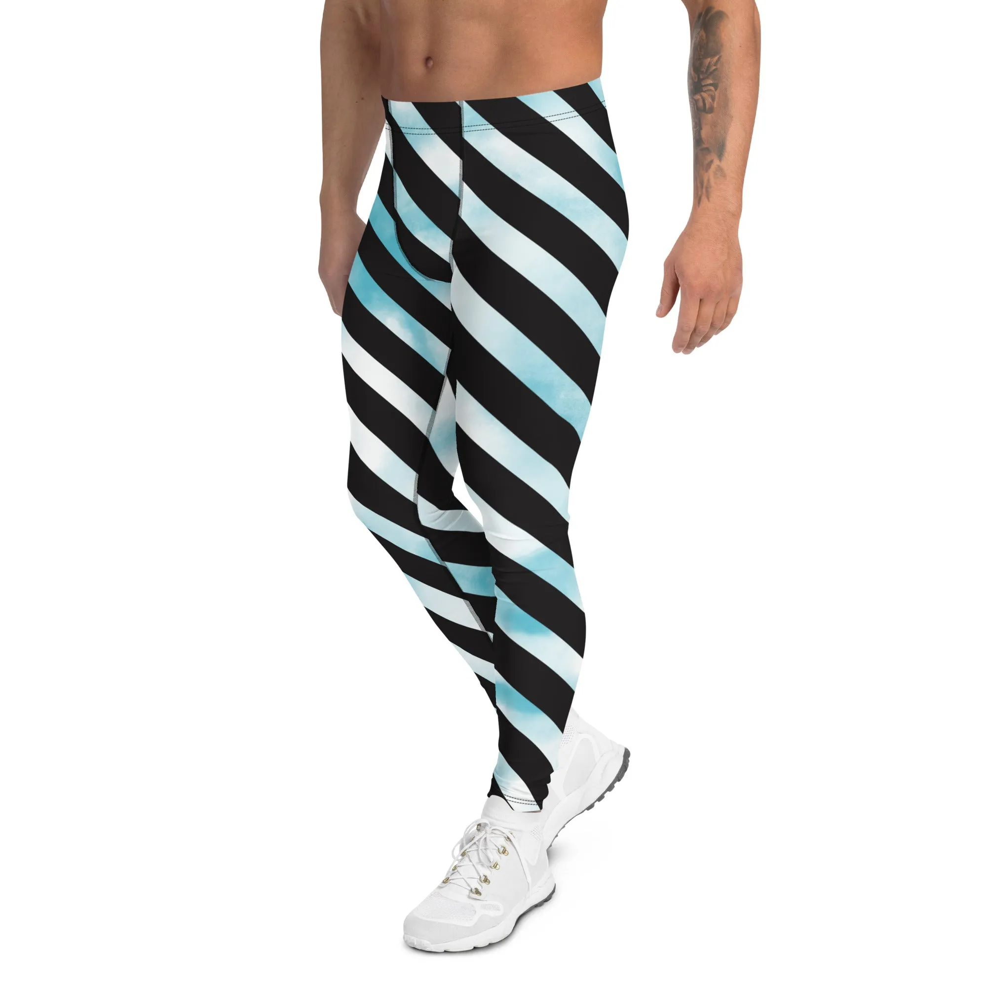 Black Diagonal Striped Meggings, Black White Abstract Tie Dye Designer Running Compression Tights For Men - Made in USA/EU/MX