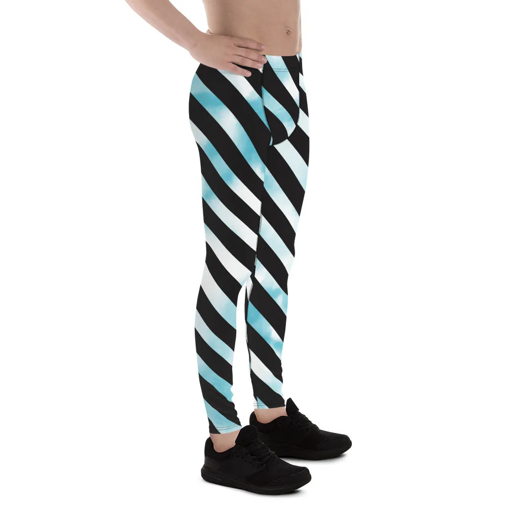 Black Diagonal Striped Meggings, Black White Abstract Tie Dye Designer Running Compression Tights For Men - Made in USA/EU/MX