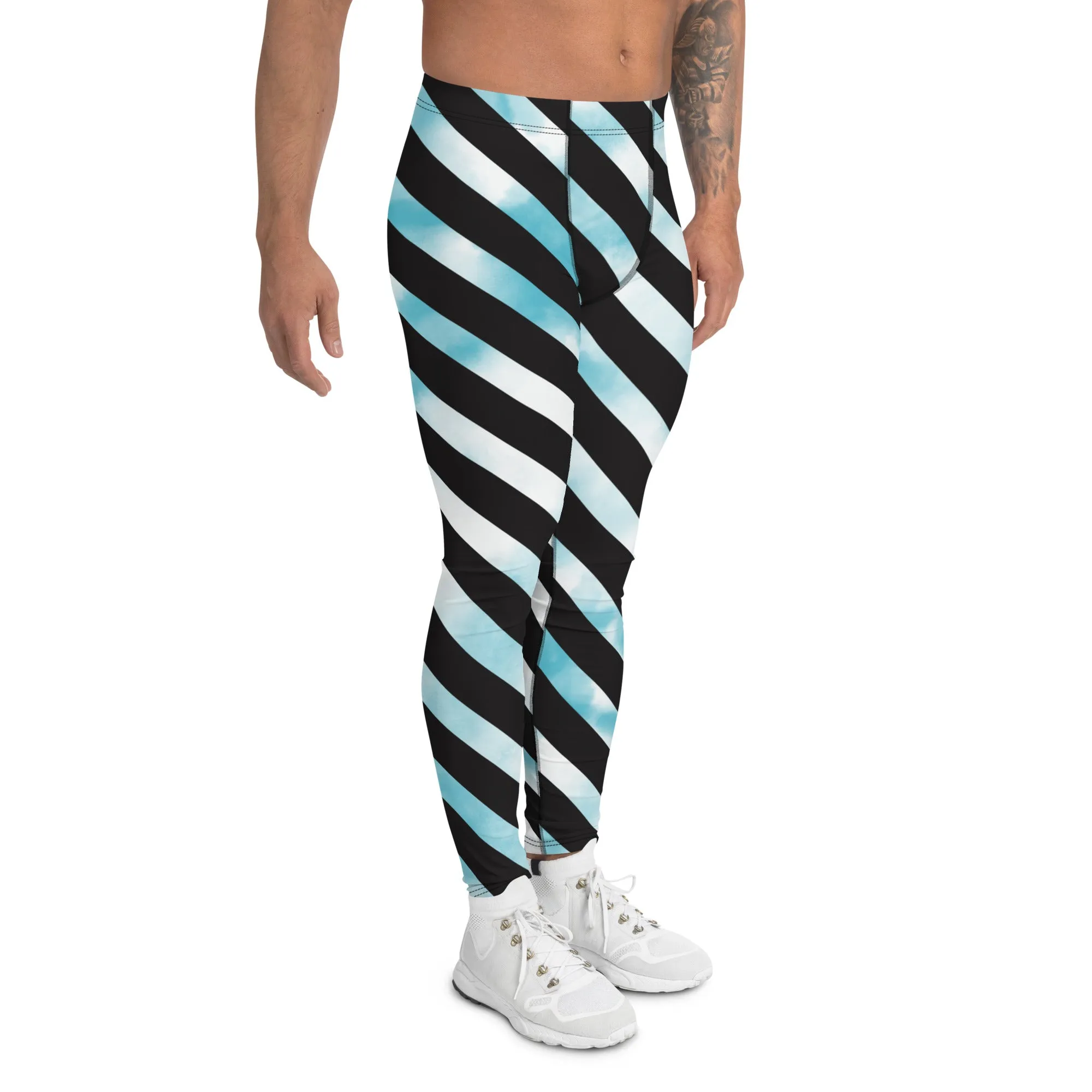 Black Diagonal Striped Meggings, Black White Abstract Tie Dye Designer Running Compression Tights For Men - Made in USA/EU/MX