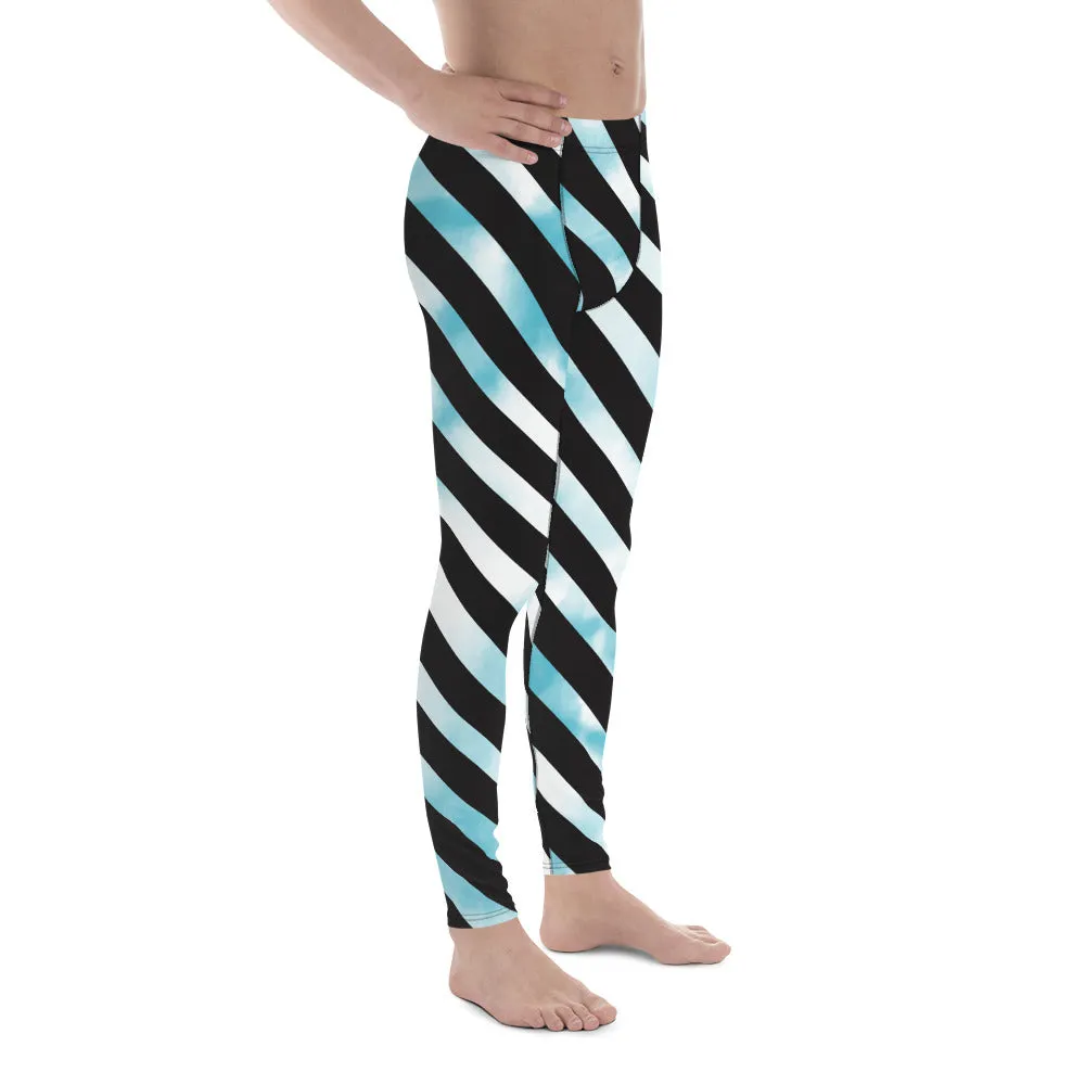 Black Diagonal Striped Meggings, Black White Abstract Tie Dye Designer Running Compression Tights For Men - Made in USA/EU/MX