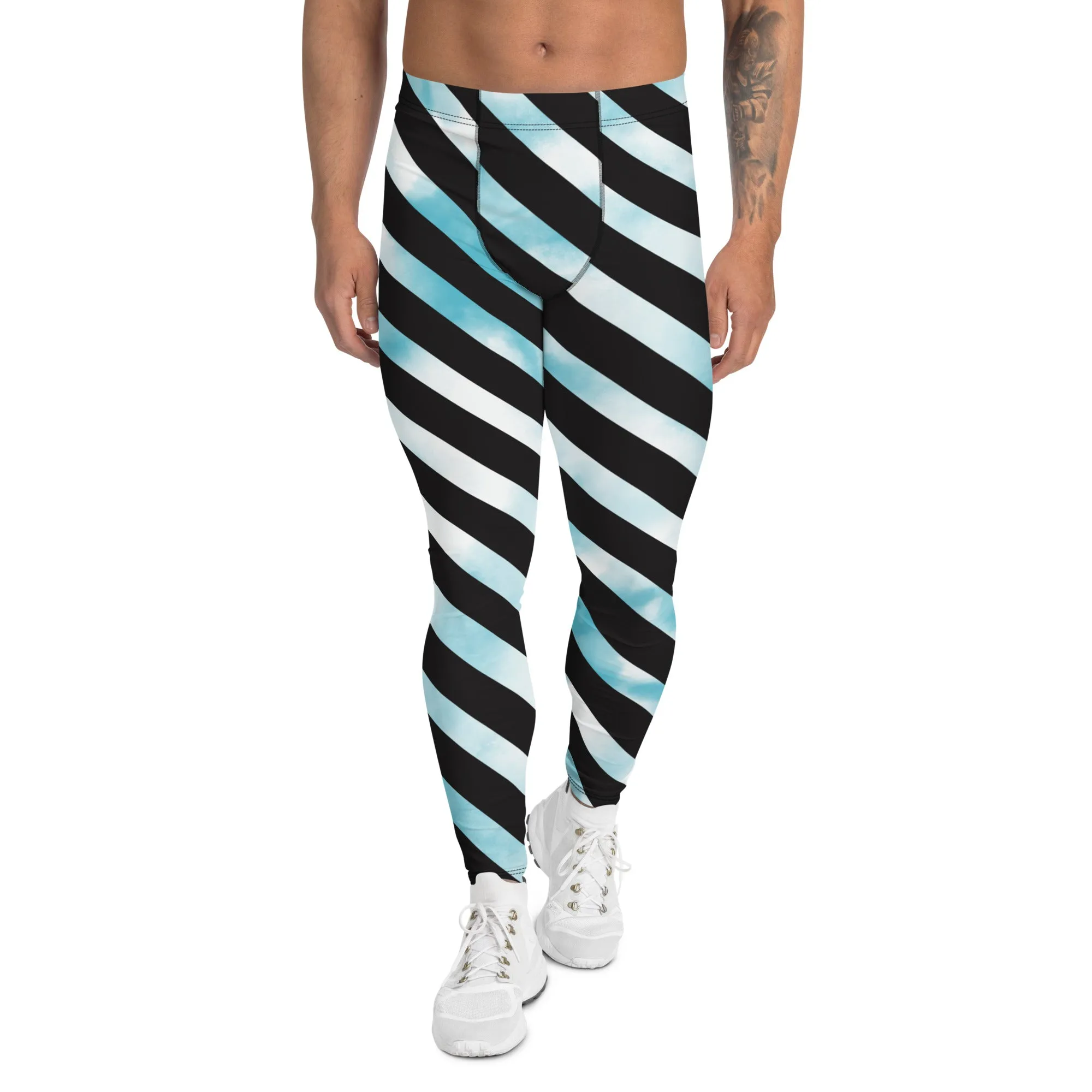 Black Diagonal Striped Meggings, Black White Abstract Tie Dye Designer Running Compression Tights For Men - Made in USA/EU/MX