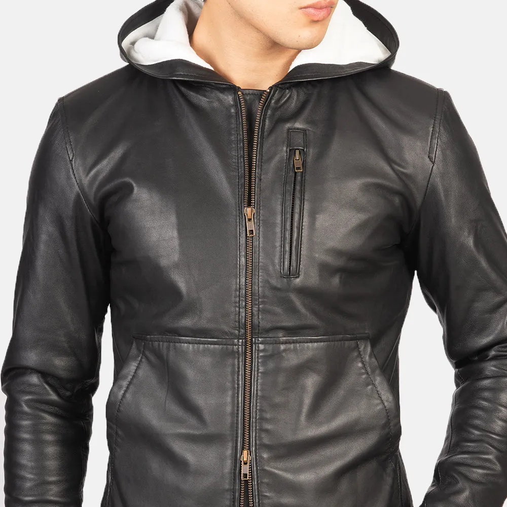 Black Hooded Leather Jacket For Men