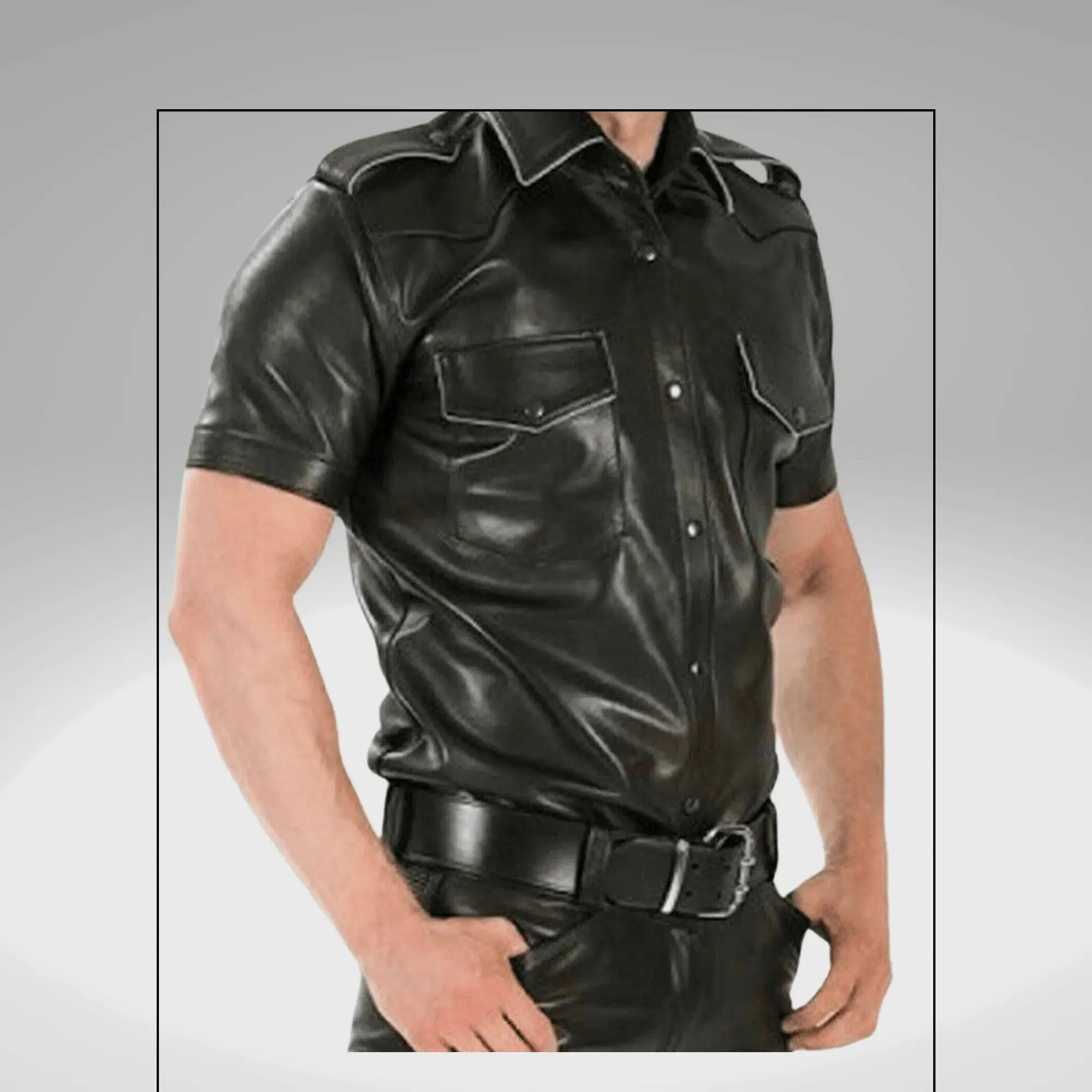 Black Leather Short Sleeve Shirts for Men