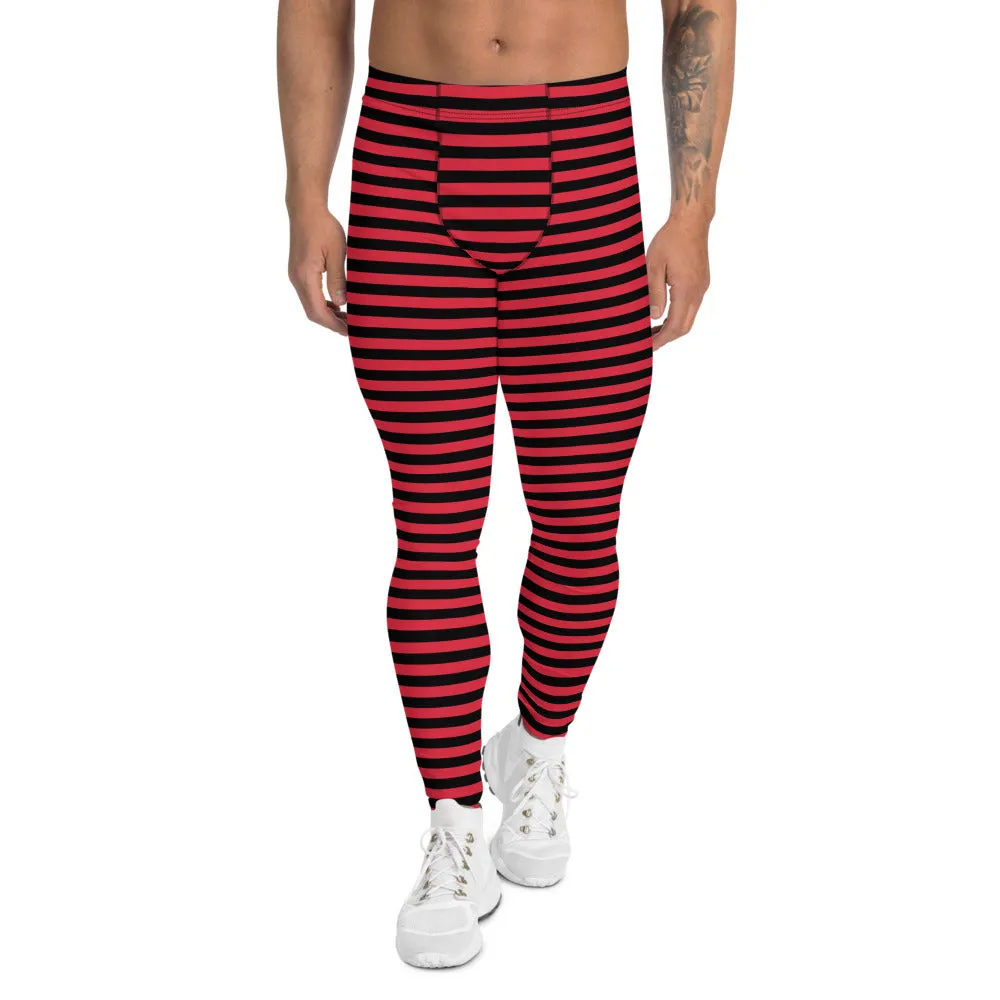 Black Red Striped Men's Leggings, Horizontal Circus Premium Meggings-Made in USA/EU