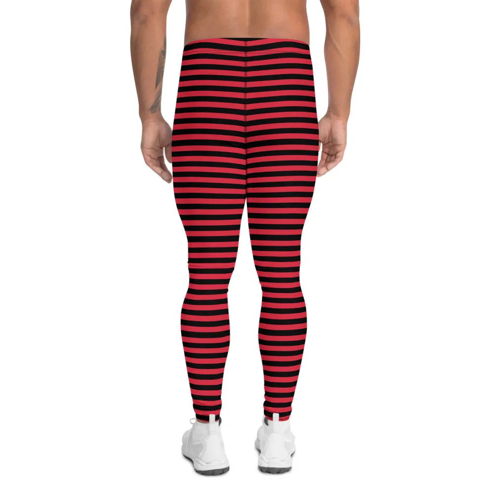 Black Red Striped Men's Leggings, Horizontal Circus Premium Meggings-Made in USA/EU