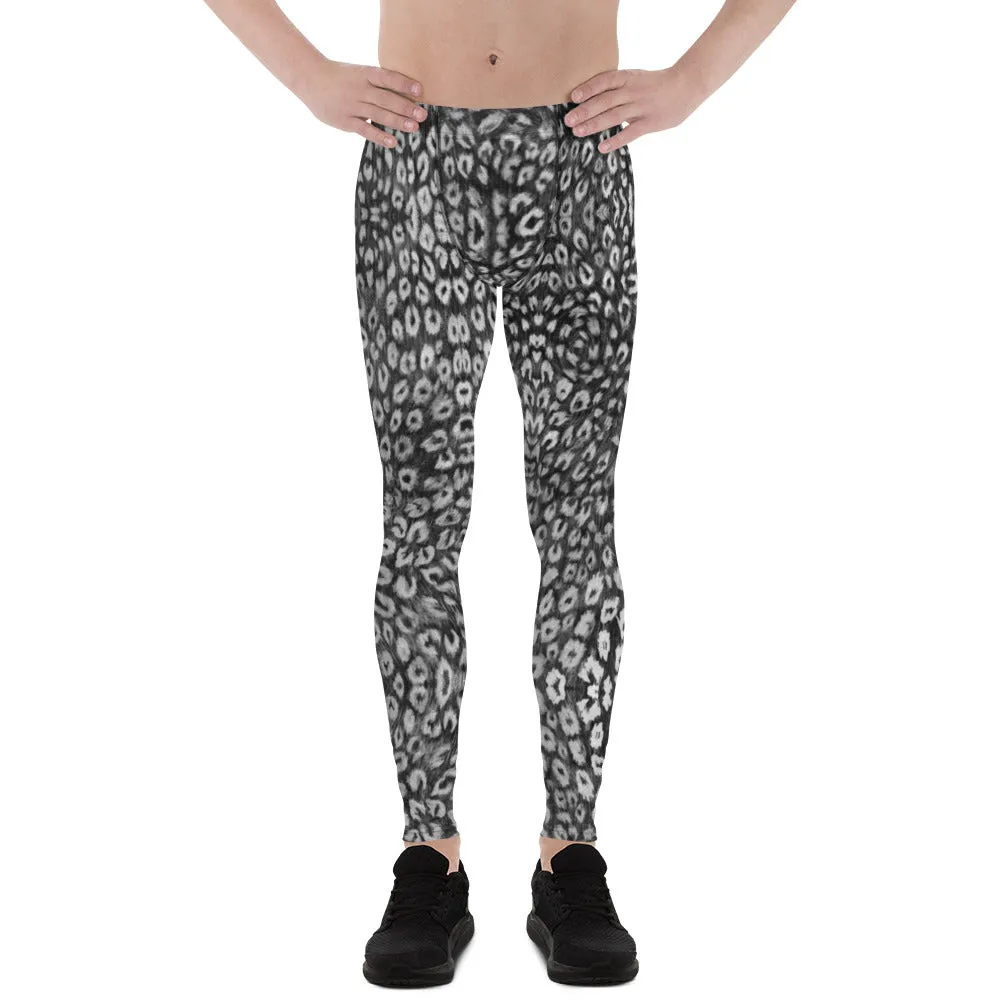 Black White Leopard Men's Leggings, Animal Print Meggings Compression Tights - Made in USA/EU