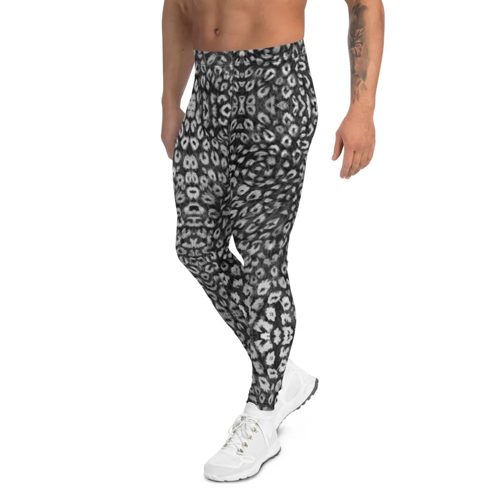 Black White Leopard Men's Leggings, Animal Print Meggings Compression Tights - Made in USA/EU