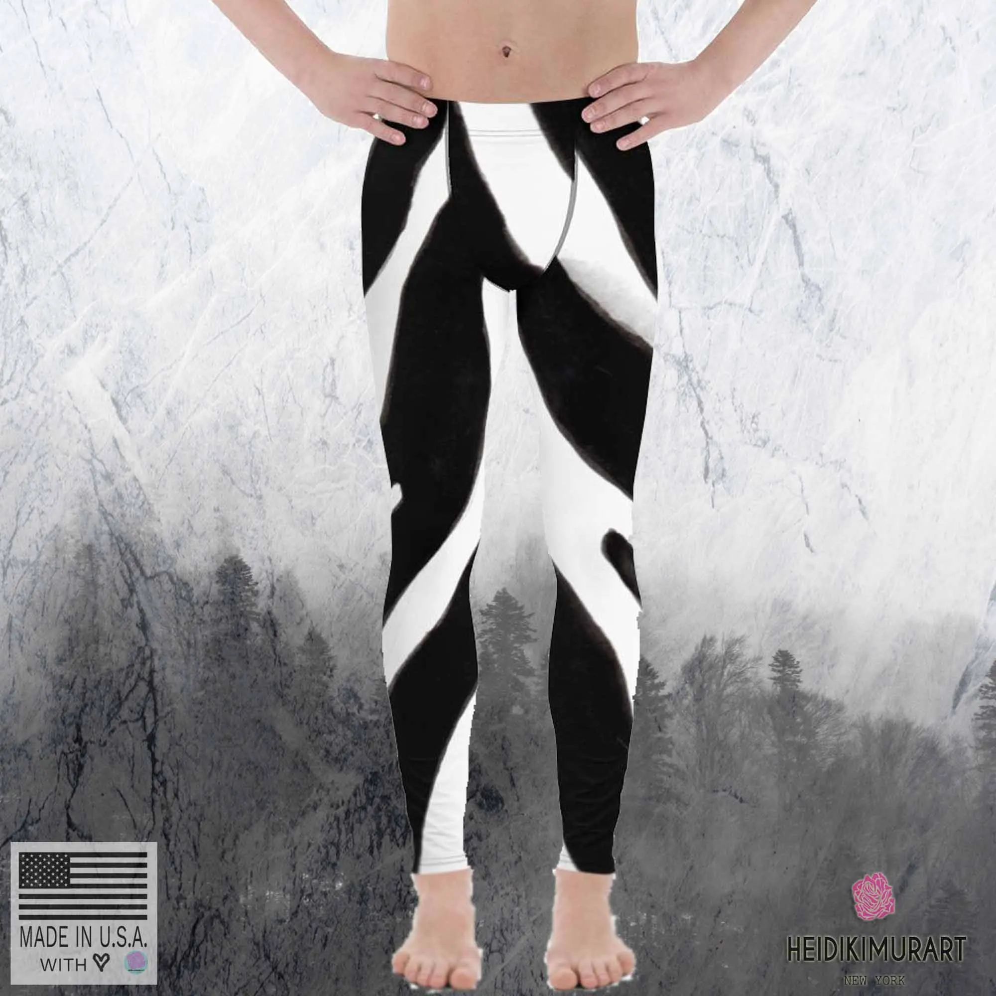 Black White Zebra Meggings, Striped Animal Print Men's Leggings Tights - Made in USA/EU