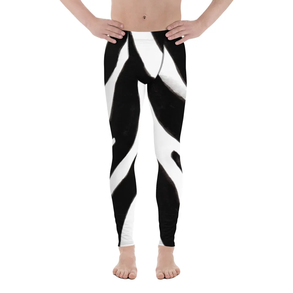 Black White Zebra Meggings, Striped Animal Print Men's Leggings Tights - Made in USA/EU