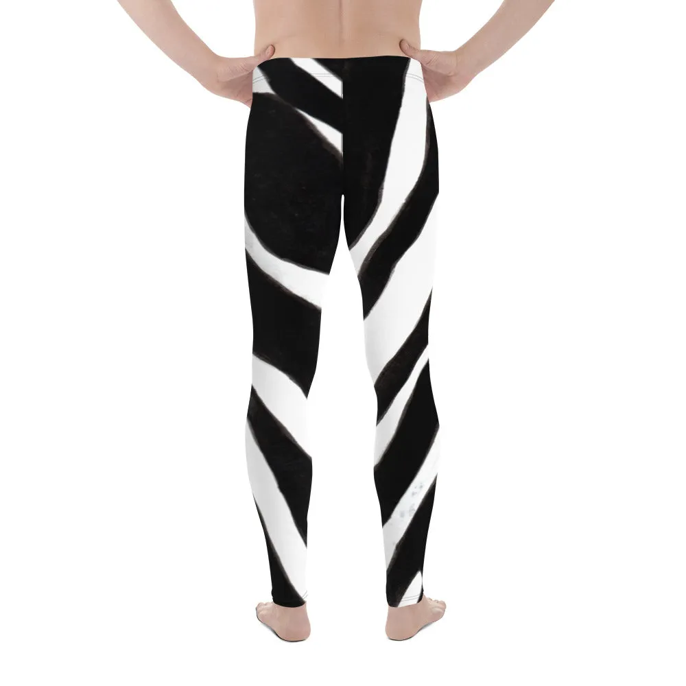 Black White Zebra Meggings, Striped Animal Print Men's Leggings Tights - Made in USA/EU