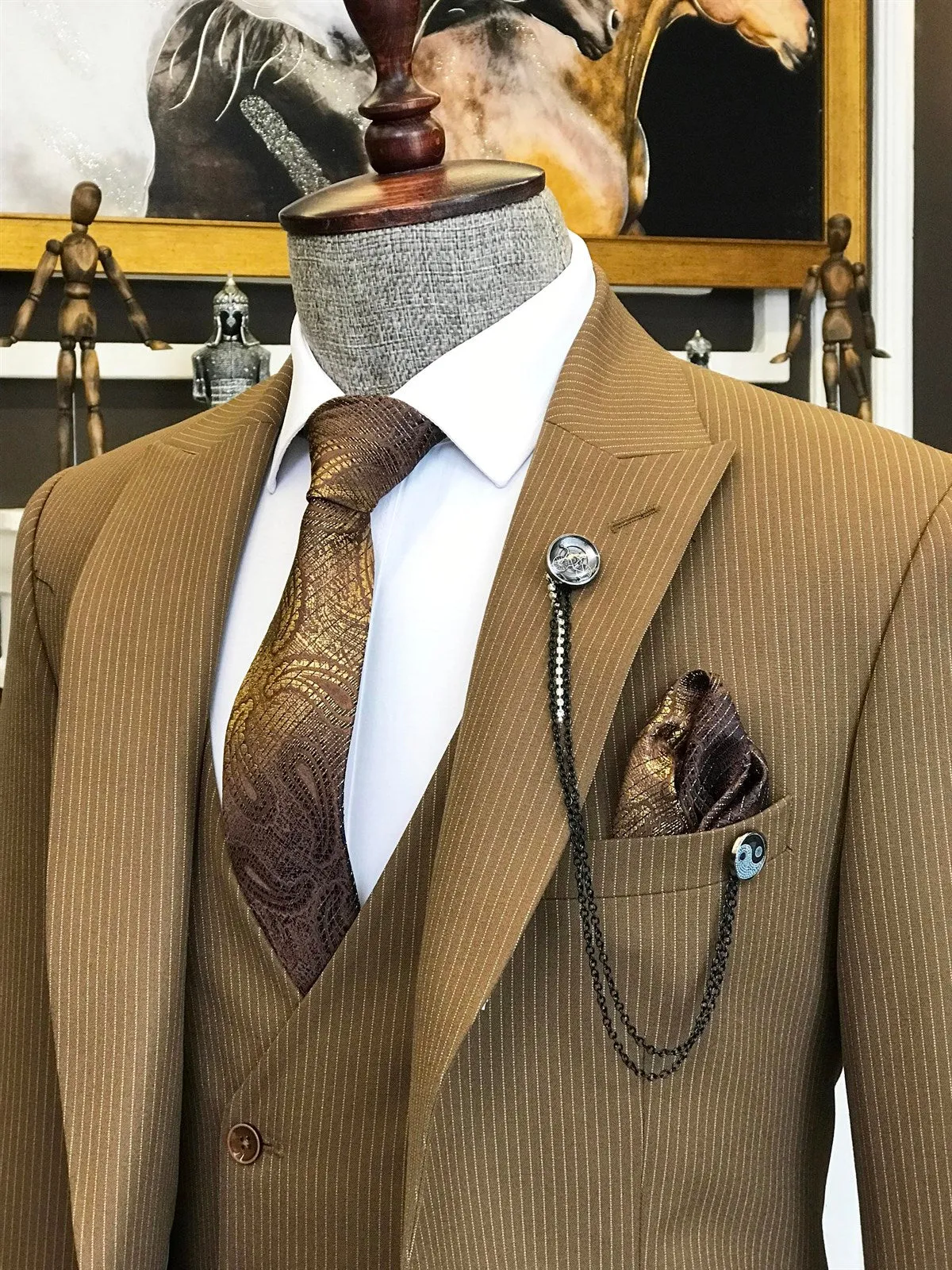 Bojoni Brown Striped Slim-Fit Suit 3-Piece