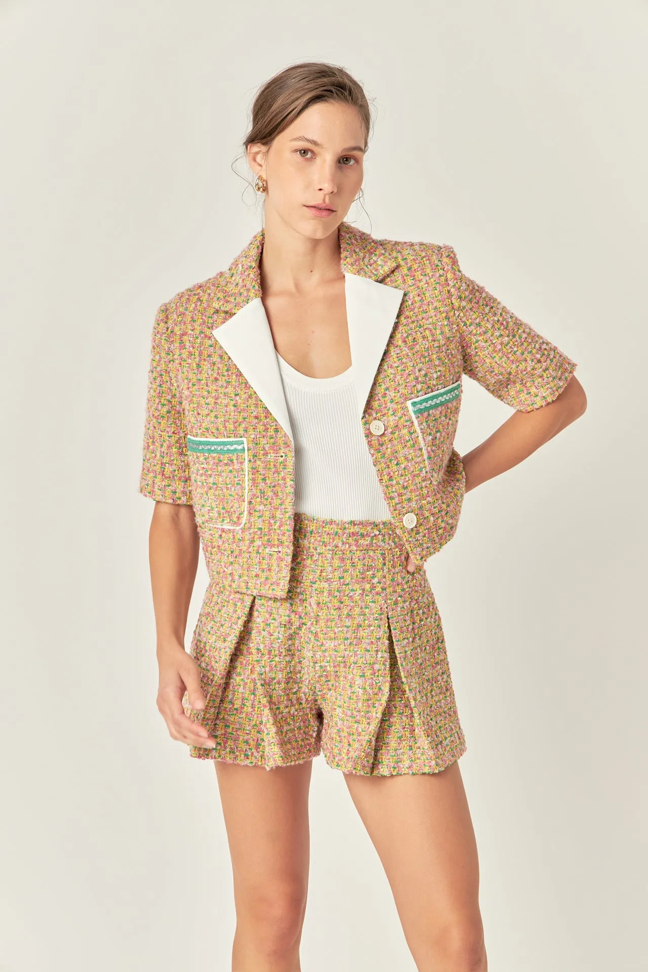 Boucle Cropped Jacket With Trim