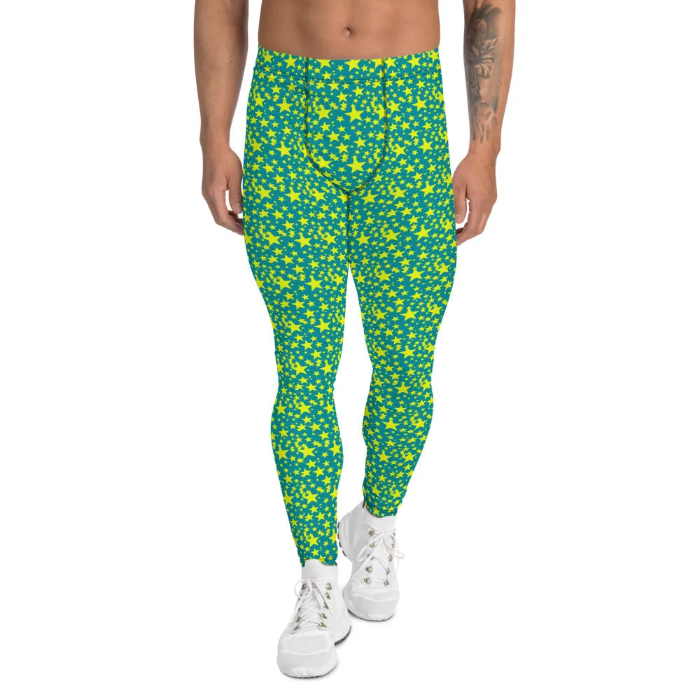 Bright Blue Yellow Starry Meggings, Designer Men's Leggings Compression Tights-Made in USA/EU