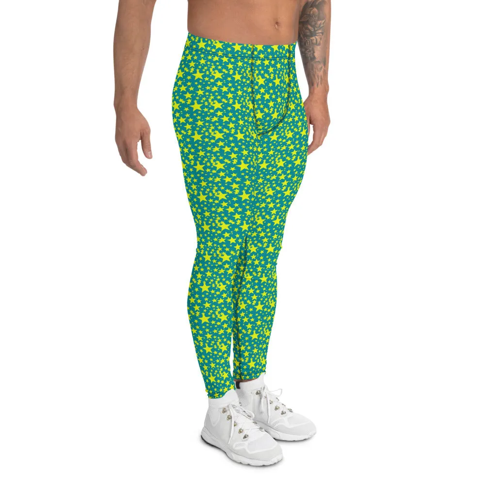 Bright Blue Yellow Starry Meggings, Designer Men's Leggings Compression Tights-Made in USA/EU