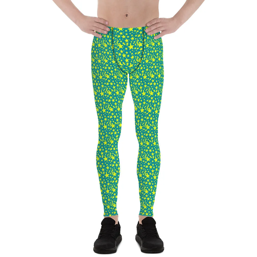 Bright Blue Yellow Starry Meggings, Designer Men's Leggings Compression Tights-Made in USA/EU