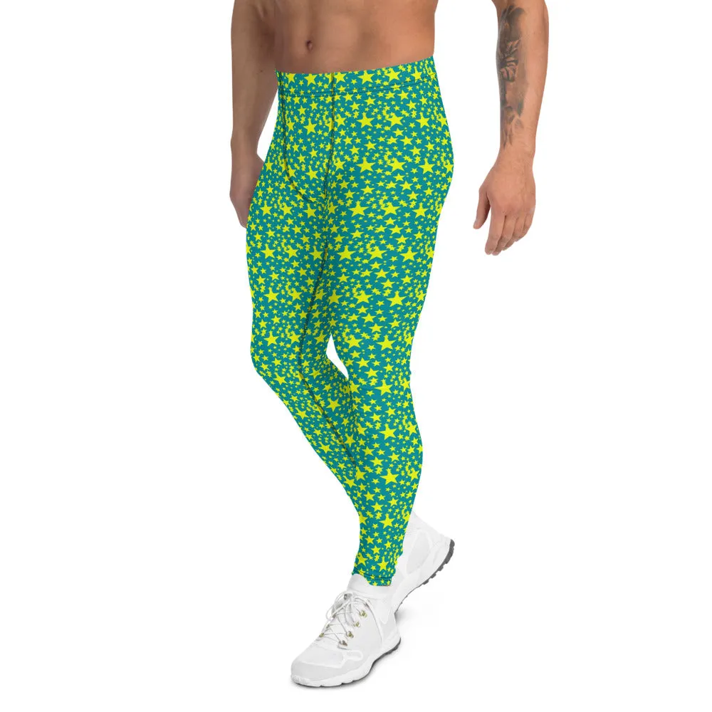 Bright Blue Yellow Starry Meggings, Designer Men's Leggings Compression Tights-Made in USA/EU