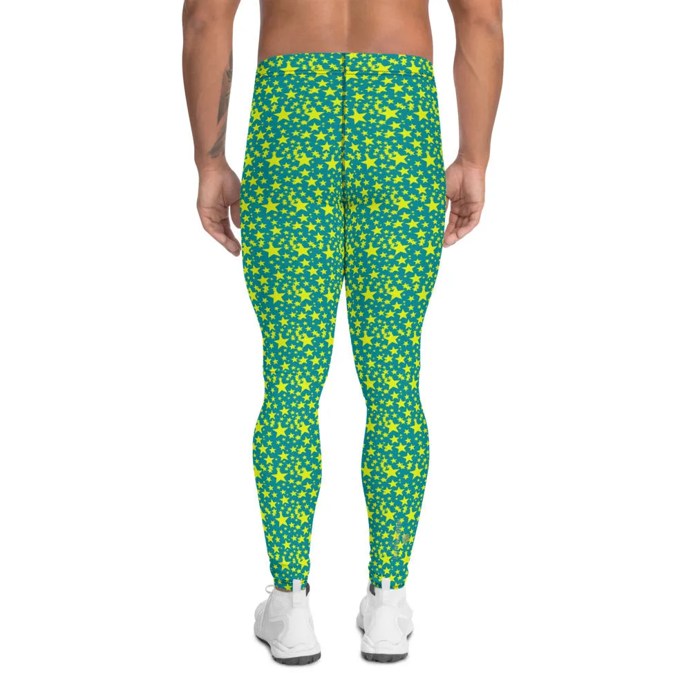 Bright Blue Yellow Starry Meggings, Designer Men's Leggings Compression Tights-Made in USA/EU