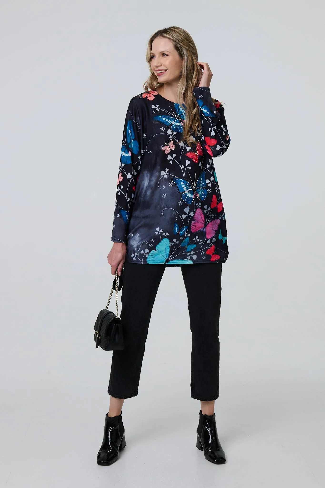 Butterfly Print Diamante Detail Tunic