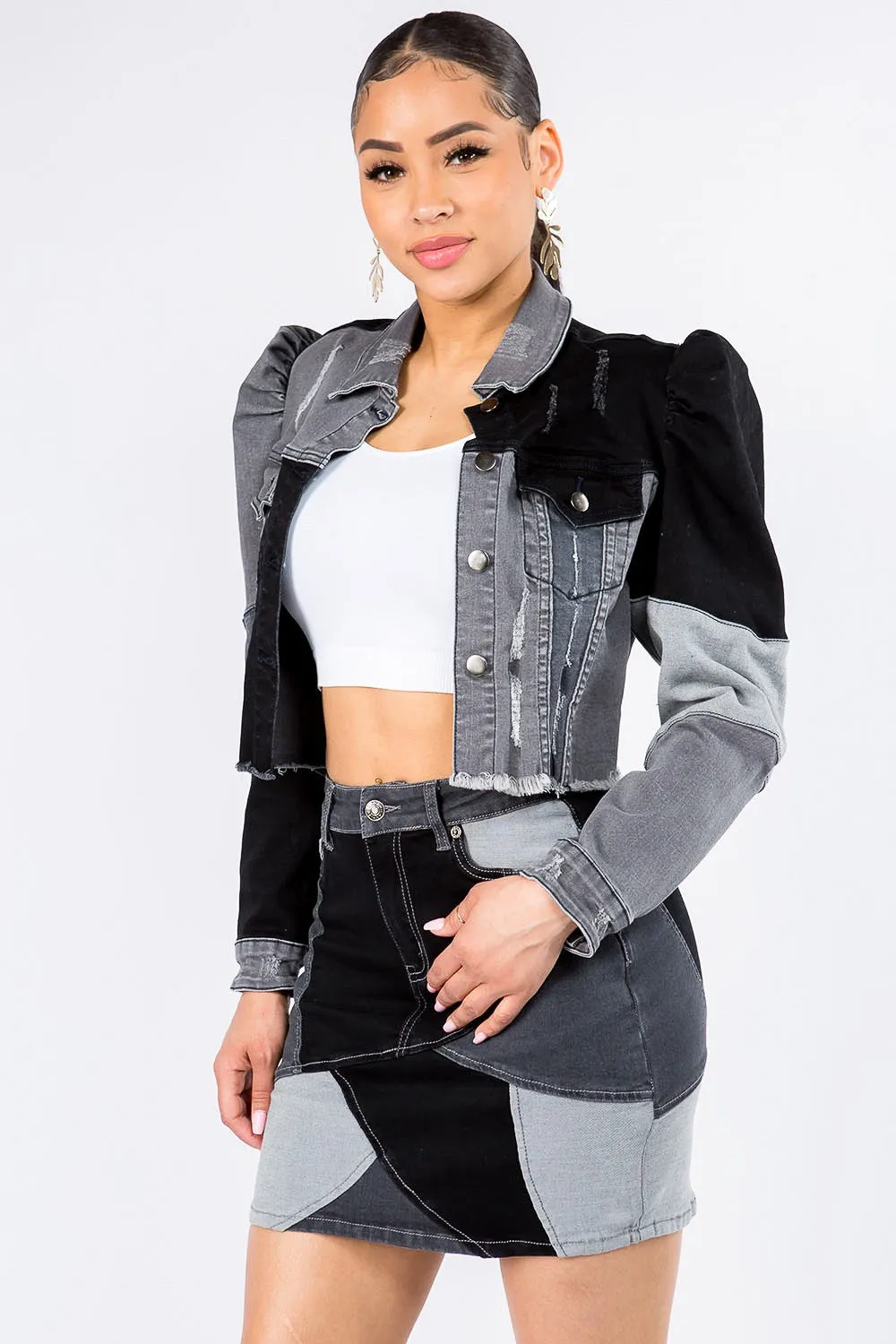 Button Up Cropped Patchwork Denim Jacket in Black