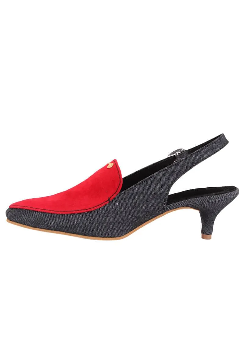 Carmine Suede Denim Kitten Heel Slider Mules