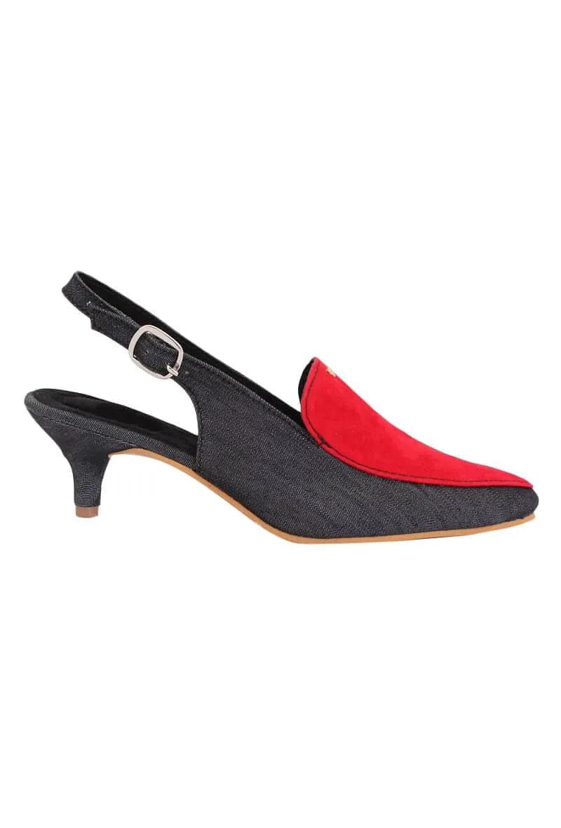 Carmine Suede Denim Kitten Heel Slider Mules