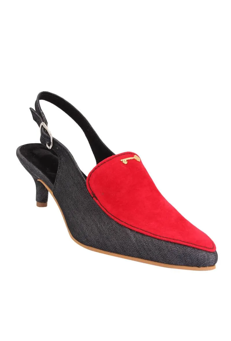 Carmine Suede Denim Kitten Heel Slider Mules