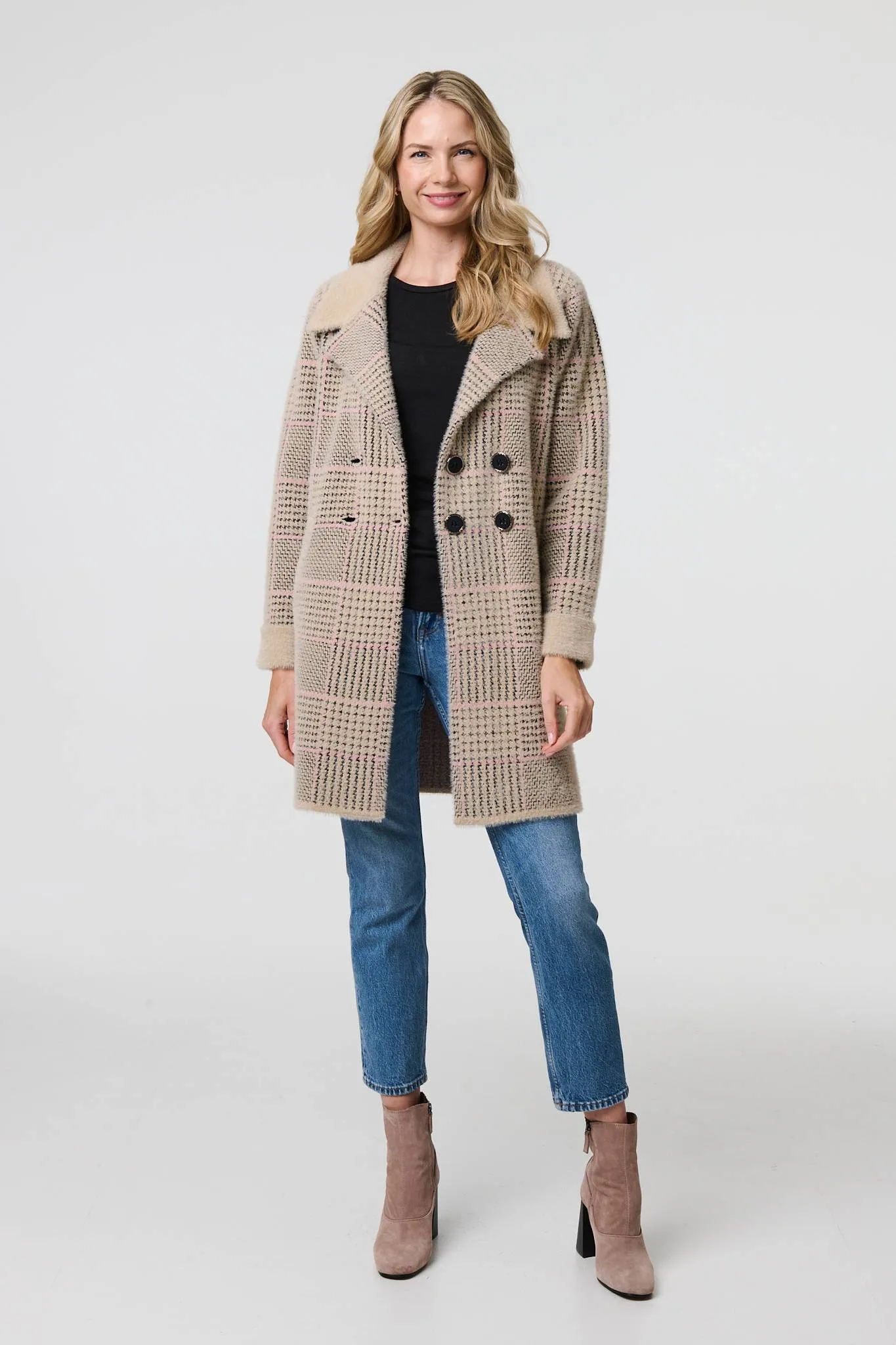 Checked Button Front Thigh Length Trench Coat