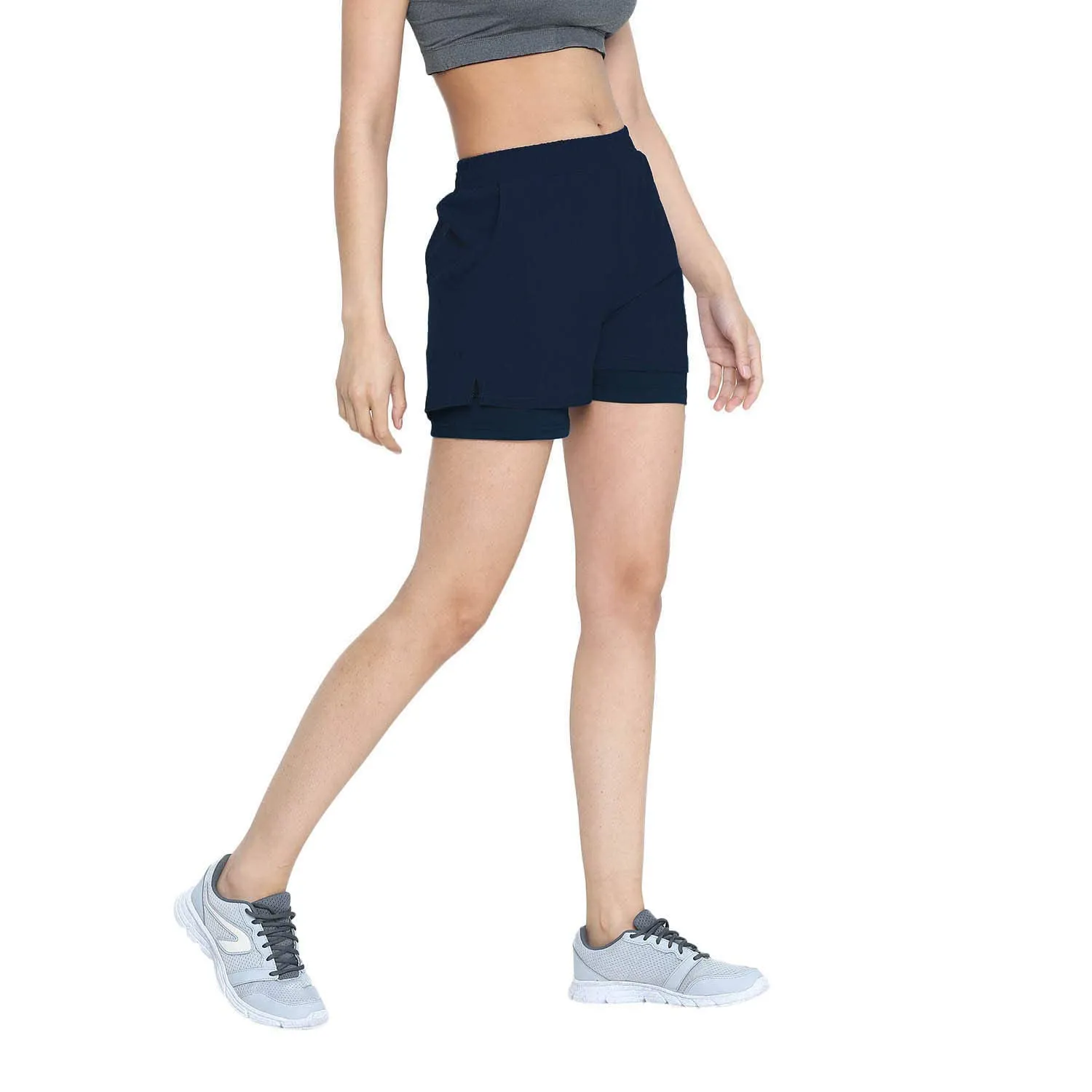 CHKOKKO Double Layered Sports Gym Workout Running Shorts for Women Blue 2XL