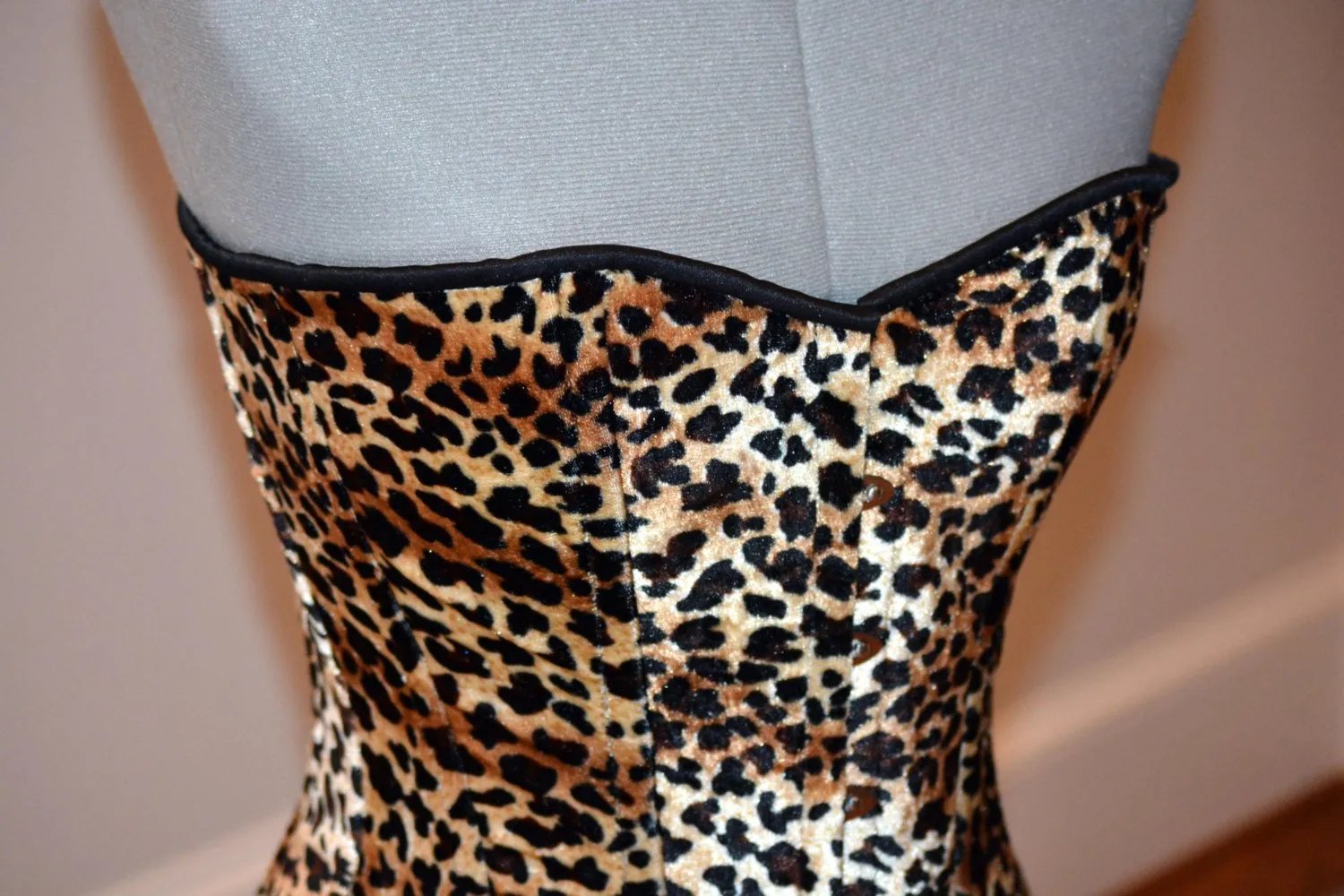 Classic overbust velvet leopard cheetah authentic steel-boned corset. Bespoke made to your measurements. Affordable cheap waist training