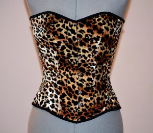 Classic overbust velvet leopard cheetah authentic steel-boned corset. Bespoke made to your measurements. Affordable cheap waist training