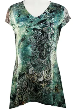 Clotheshead - Paisley Prize, Cap Sleeve, Hi-Lo Hem, Rhinestone Accents Tunic Top