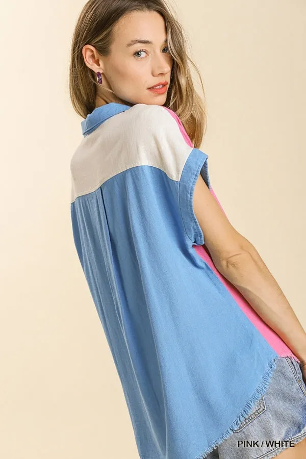 Color Block Gauze Top, Pink