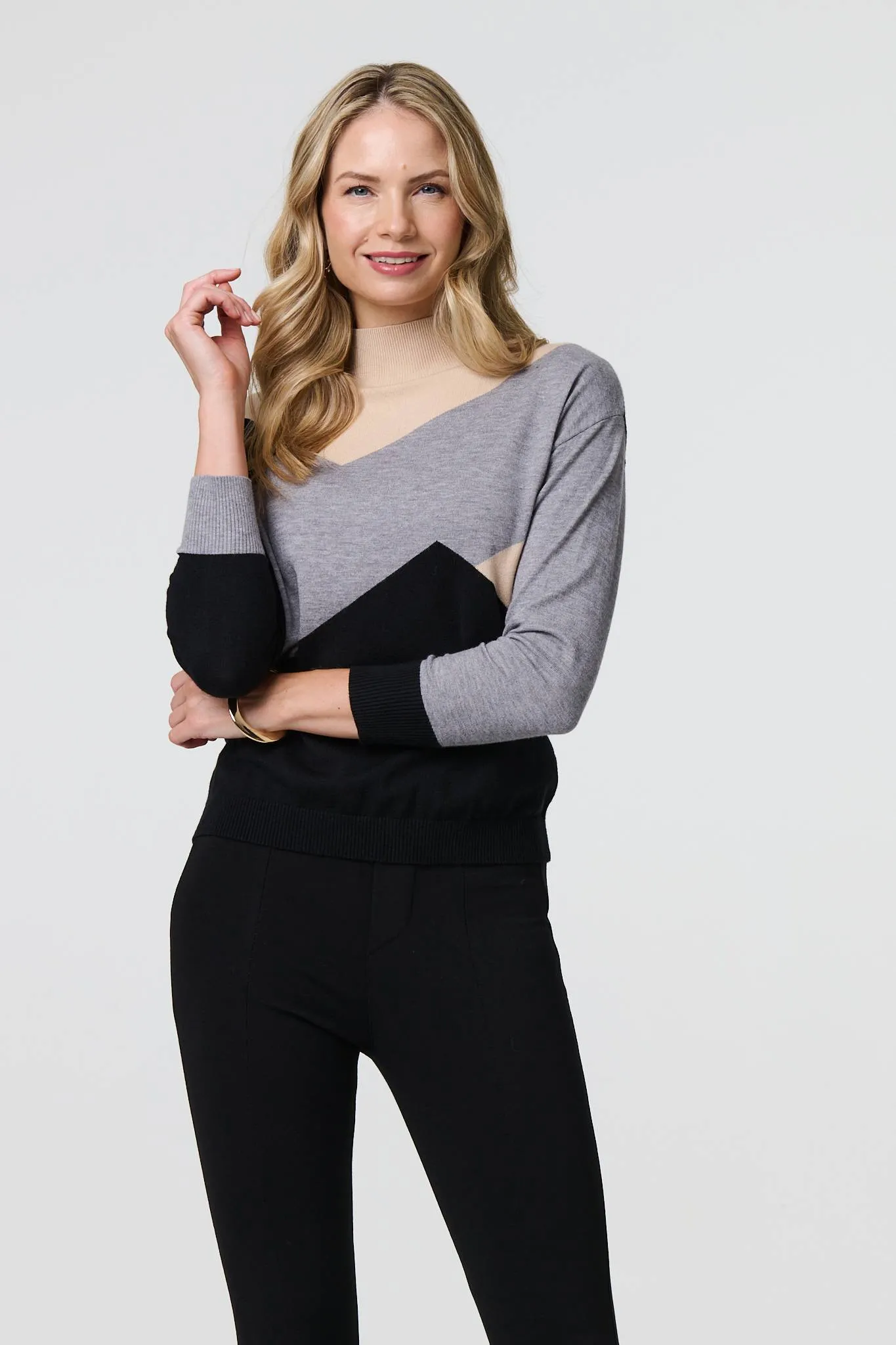 Colour Block High Neck Slim Jumper