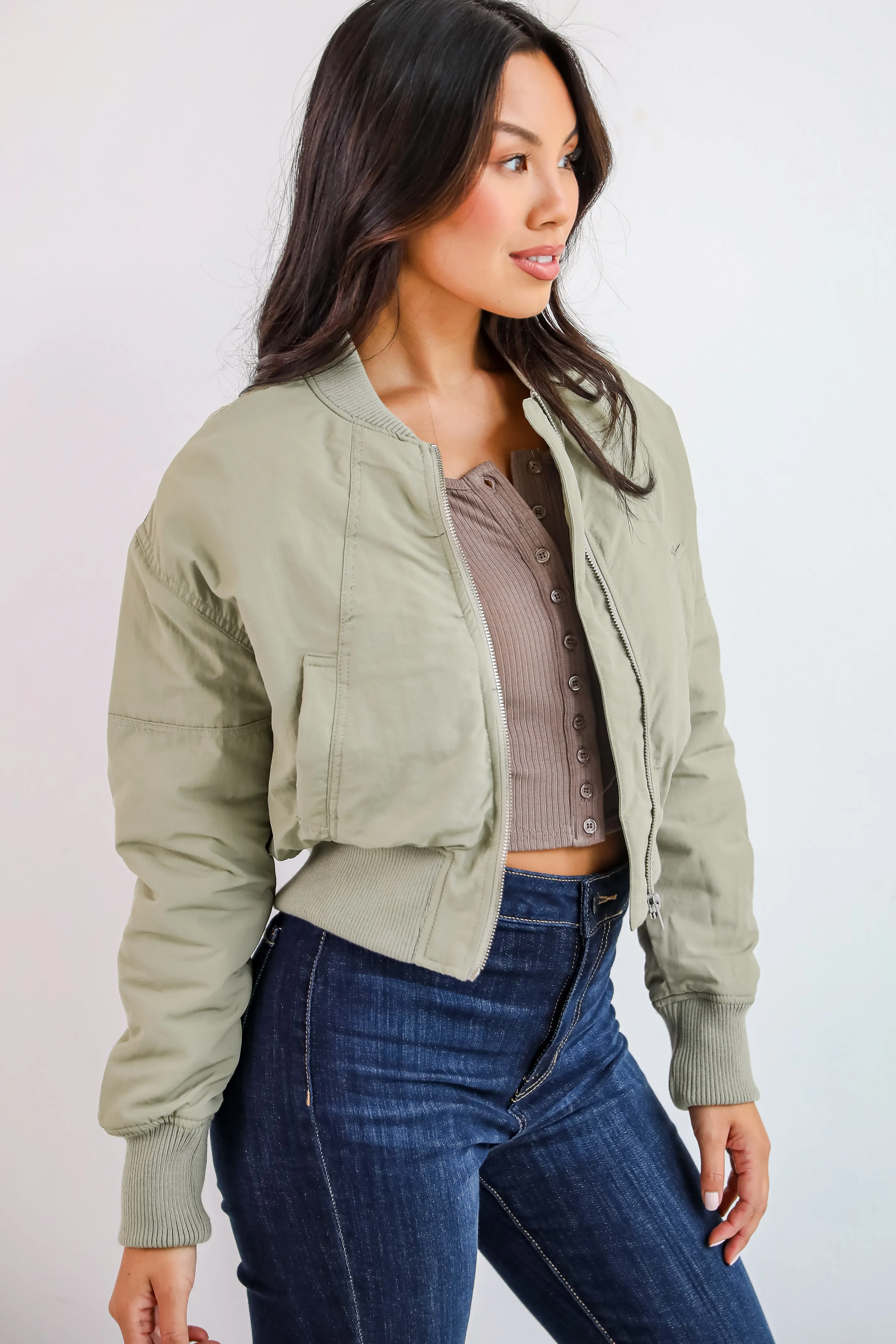 Cool Impulse Light Olive Cropped Bomber Jacket