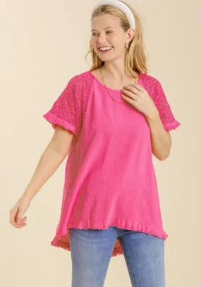 Crochet Detail Fringe Top, Hot Pink